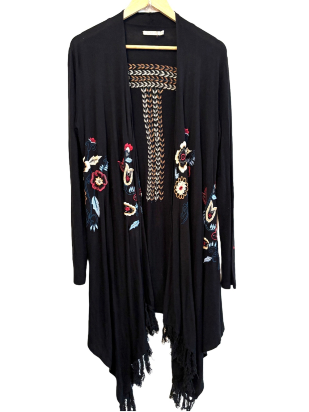 Caite blk w multi embr duster w blk Frng hem SZ M festival hippie boho